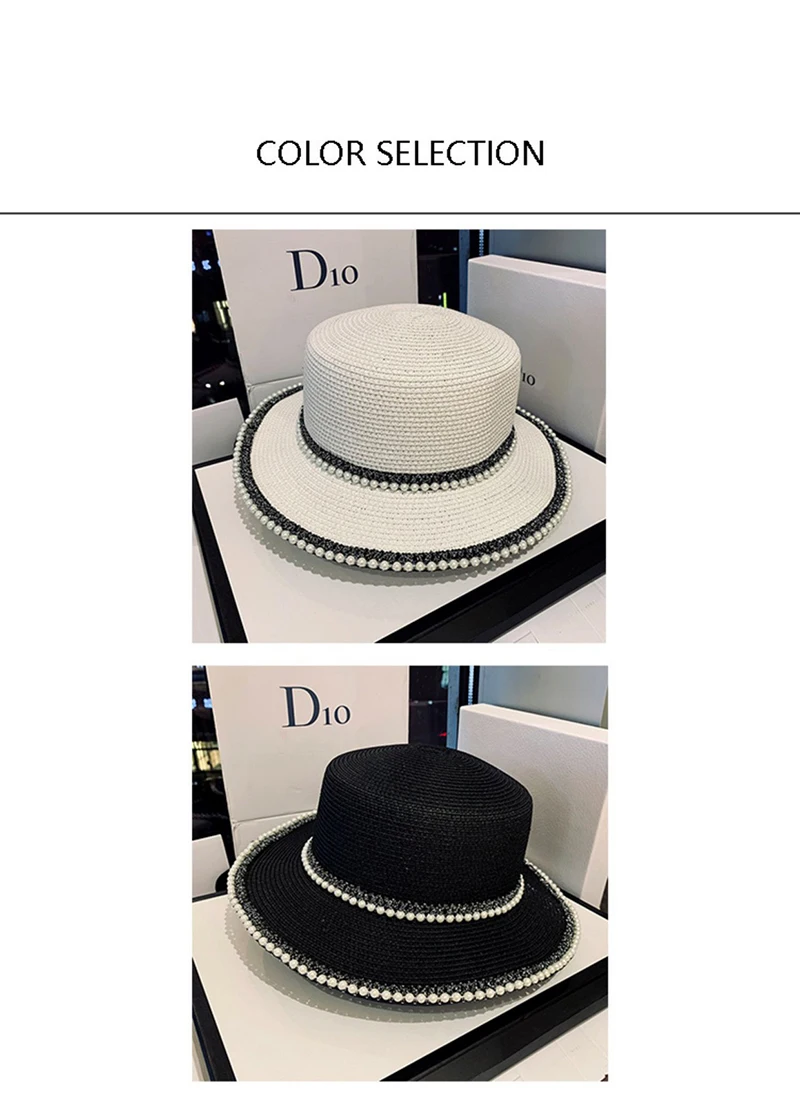 New Summer Ladies Spring Hats Flower Beads Wide Brim Jazz Panama Straw Sun Visor Beach Hat Flower Rivet Pearl Straw Hat Cap