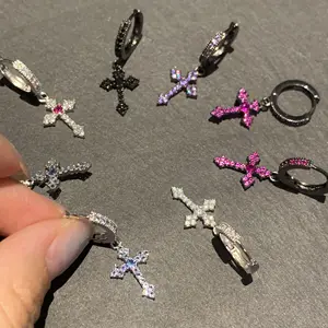 S925 Sterling Silver Full Diamond Cross Drop Earrings Unisex Ear Buckle Niche Advanced Sense Sweet Cool Personality Ear Clips