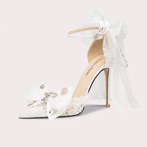 Exquisite Bridal Pointed-toe Sandals with Buckle Strap Big Bowknot Pearl Chain Decor Romantic Wedding Shoes for Brides