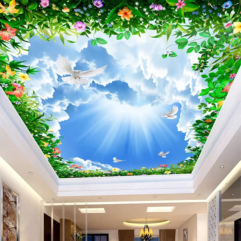 Papier Peint Panoramique Colombe Blanche Ciel Bleu Nuages Blancs Papier Peint 3D Tapisserie Murales Chambre Salon Décoration,200x140cm