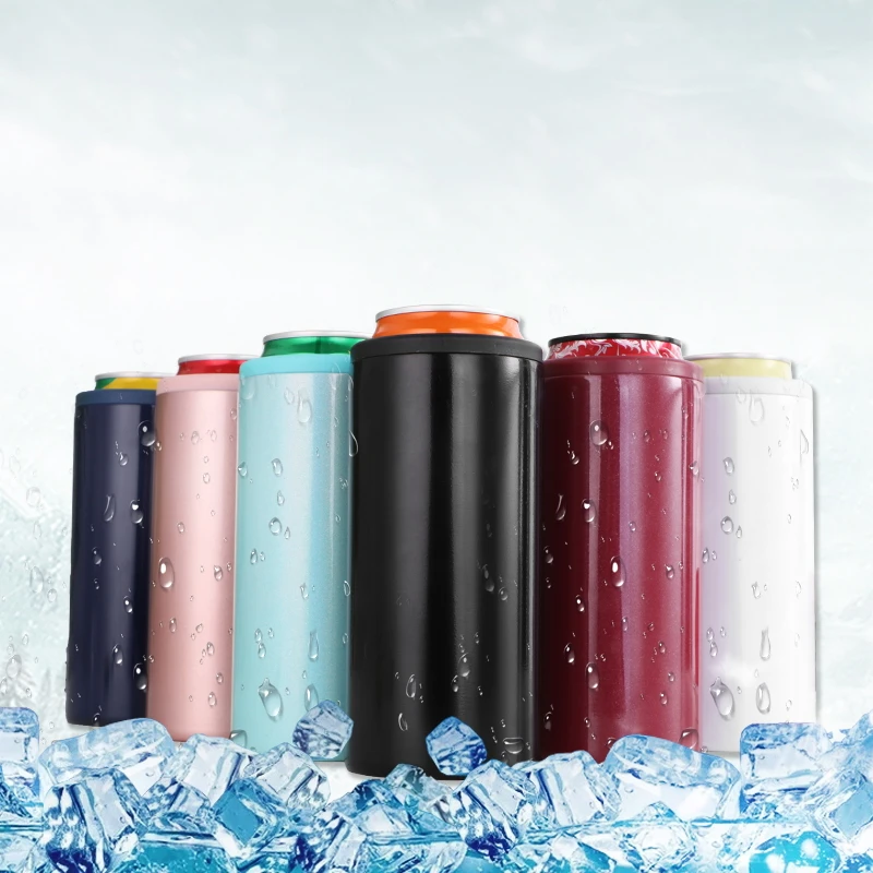 Factory Custom Logo and Color Vacuum Triple Insulated Skinny Can Cooler Glitter for 12 oz Slim Cans Insulator