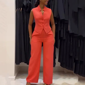 V Neck Sleeveless Single Breasted Blazer Suits Tops Wide Leg Long Pants High Waist Matching Sets Two Piece Sets Women Pant Set