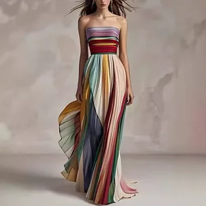2026 European Sexy Strapless Long Dress for Women Elegant and Colorful Casual Dresses Striped Pattern