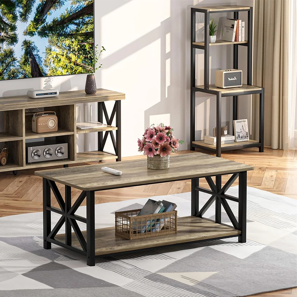 product coffee table living room corners modern style storage shelf 39 inch space saving easy assembly gray wash wooden-5