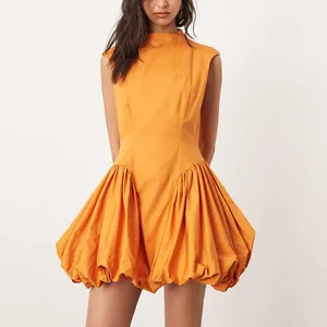 Women's for Mango Orange Mini Dress O Neck with Drop Waist and Puffball Detail Casual Style