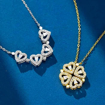 Lucky Heart Pendant For Women Girls Four-leaf Clover Necklace 18K Gold Plated Crystal Zircon Foldable Stainless Steel Necklace
