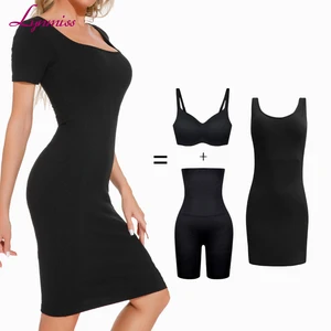 Women 3 in 1 Built-in Shapewear Maxi Dress Seamless Women Short Sleeve Shape Clothes Dress Shapewear Set