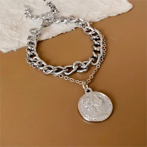 Vintage Layered Chain Bracelet with Coin Charm Silver Tone Punk Style Bracelet for Women Trendy Statement Jewelry Gift
