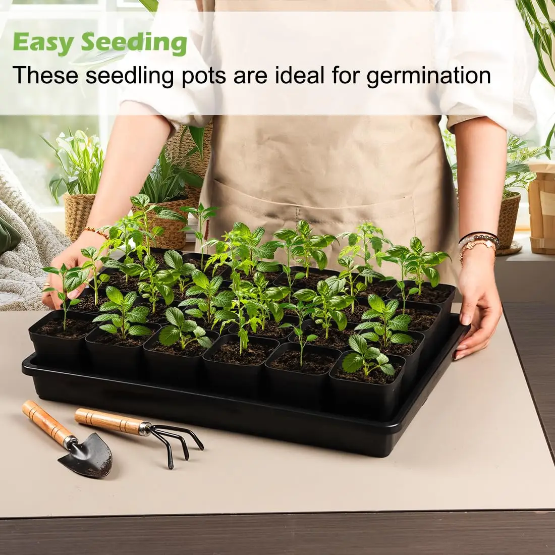 RooTrimmer 2.8 Inch (7CM) Square Nursery Pots 120pcs with 5 Pack Seed Starter Trays, Durable Plastic Flat Seedling Tray