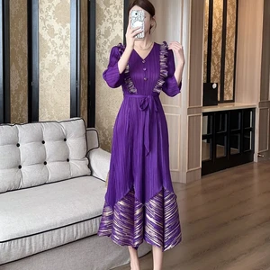 Ladies' Oversized Pleated Dress with Gold Embroidery V-neck Style with Belt Miyake Pleated Dress