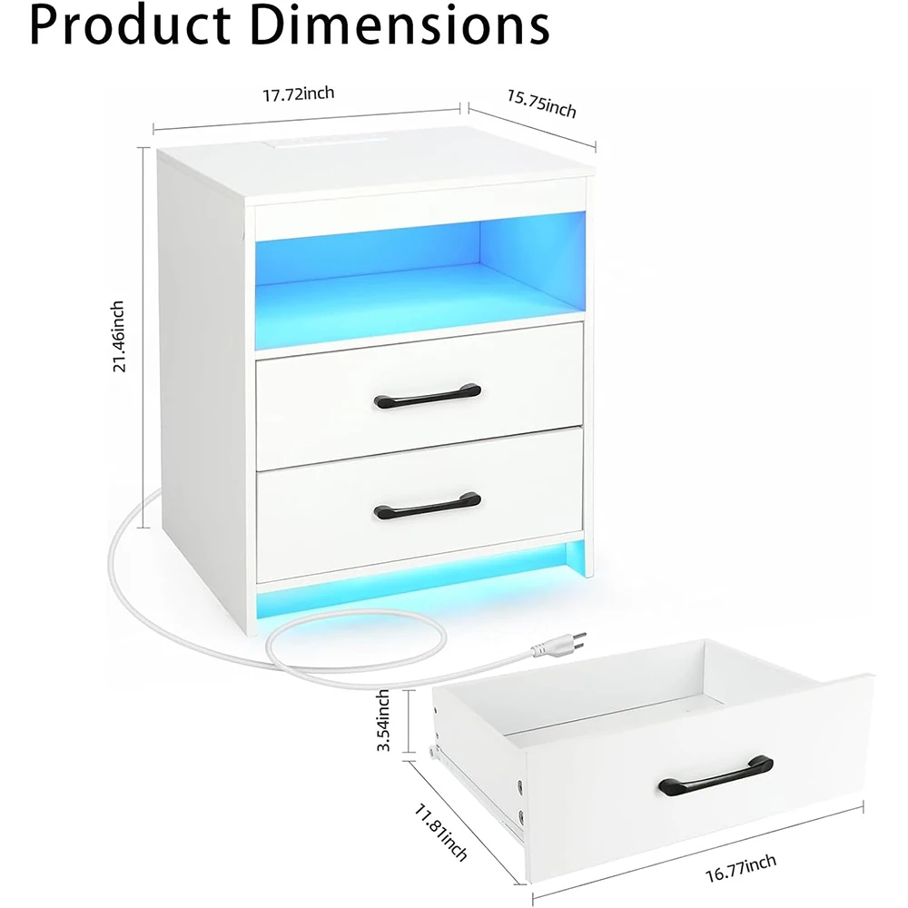 product modern wooden nightstand charging station led ambient light usb c ports 2 drawers open compartment nu deco bedroom furniture-5