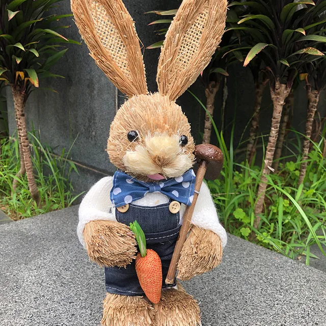 45cm Artificial Straw Bunny Handmade Standing Rabbit Ornament Garden  Decoration Easter Theme Party Supplies Home Decor Crafts