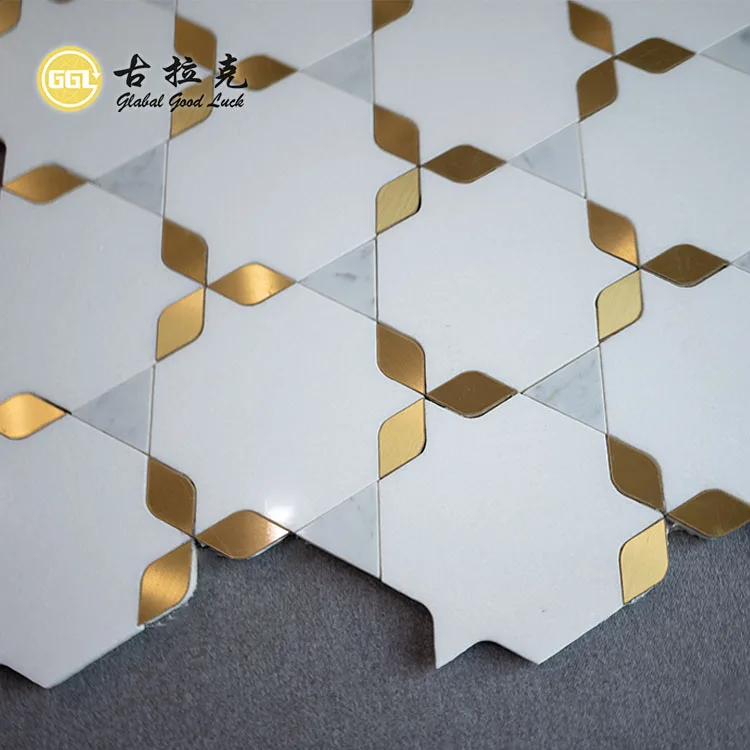 Wall or Floor White Thassos Marble Mosaic Tile Bathroom Waterjet Stone Mosaic Brass Collection details