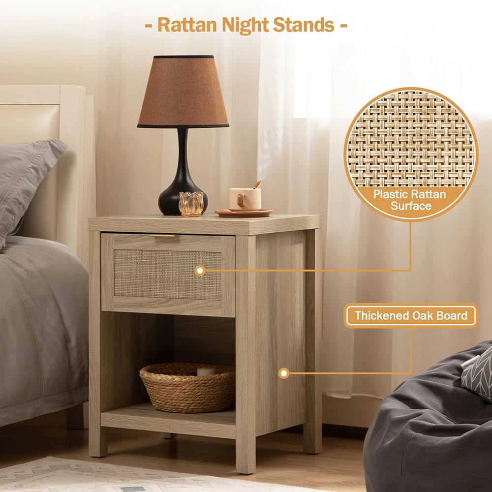 product modern rattan nightstands with drawer  open shelf farmhouse boho design for bedroom and living room light oak-2
