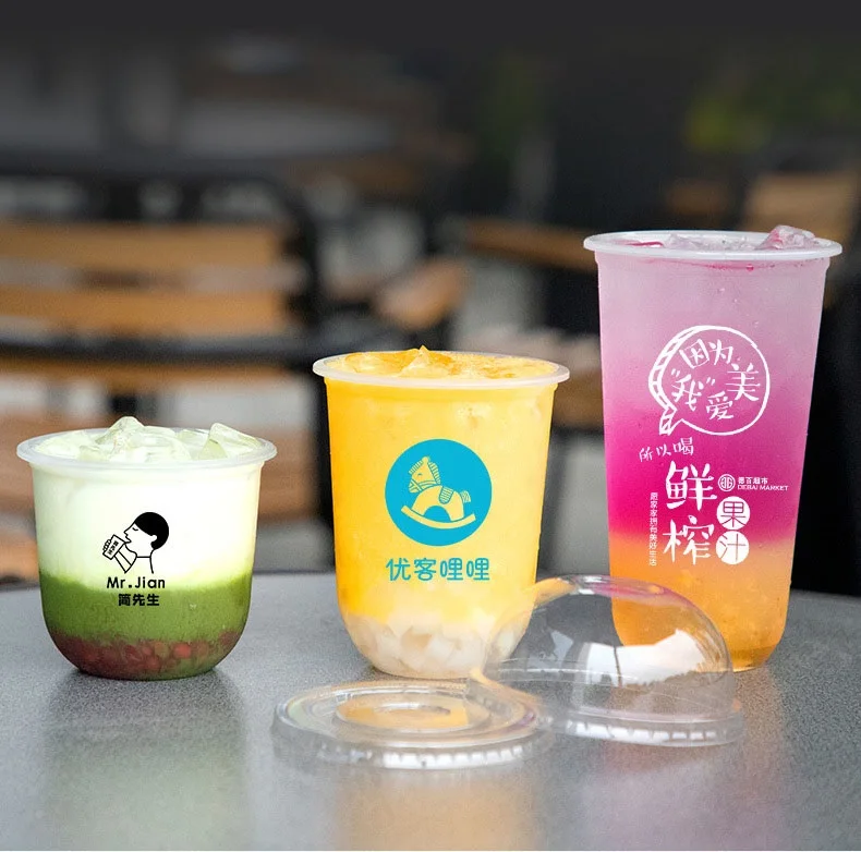 PP plastic cup for boba tea custom U shape clear cups with lid for shakes smoothies 360ML 500ML 700ML manufacture