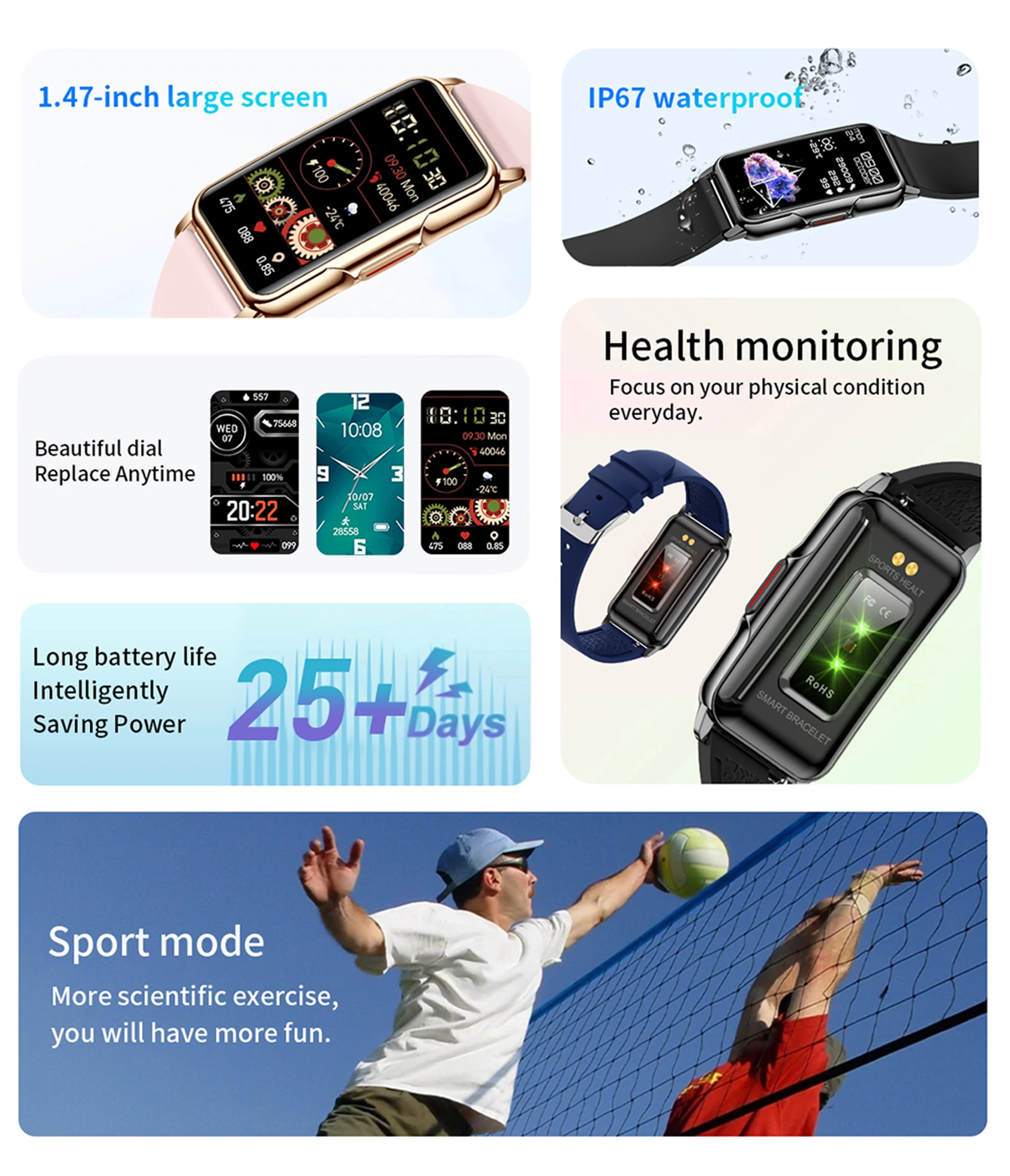 SANZEN Activity tracker smartwatch donna uomo 1.1 ''AMOLED Schermo Fitness Orologi con frequenza cardiaca Pressione sanguigna Sleep Monitor Monitoraggio calorie Step Counter Smart Band (nero 1