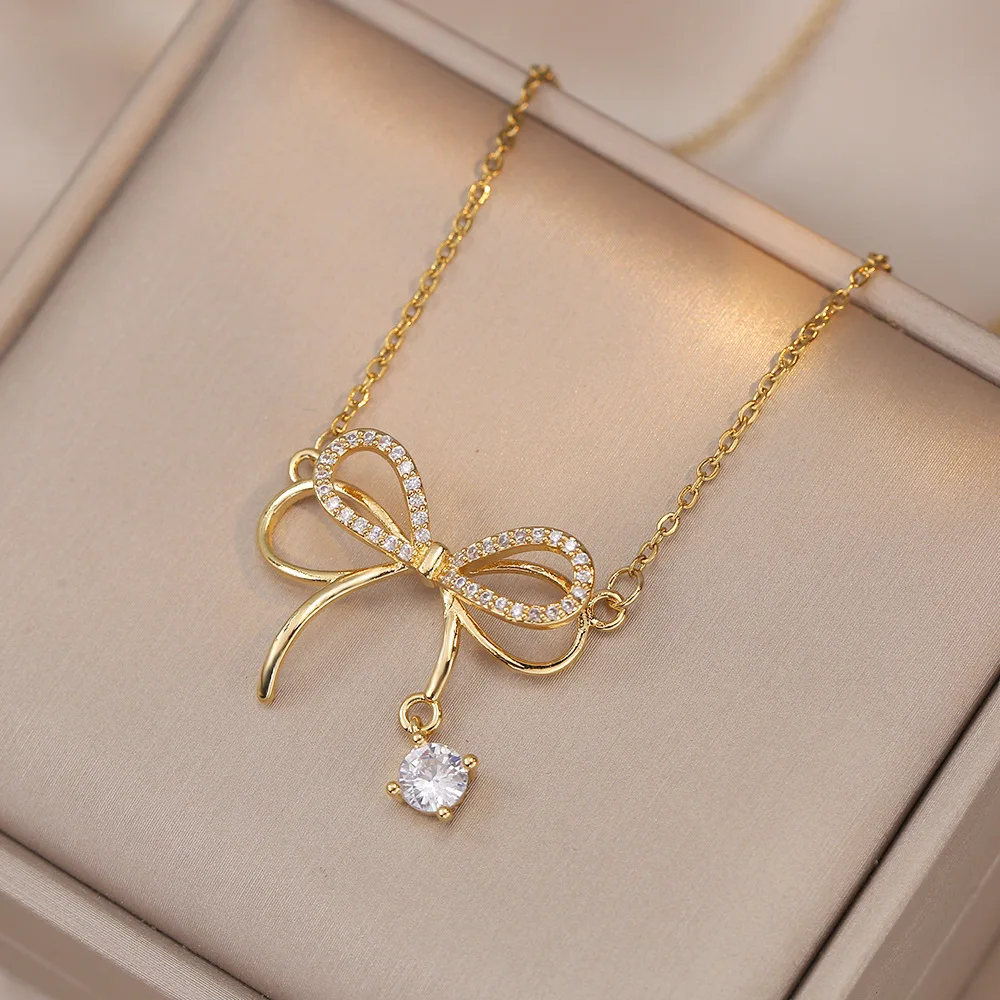 Stainless Steel Bow Tie Necklace With Faux Silk Bead Pendant Elegant Everyday Jewelry For Women main image 0