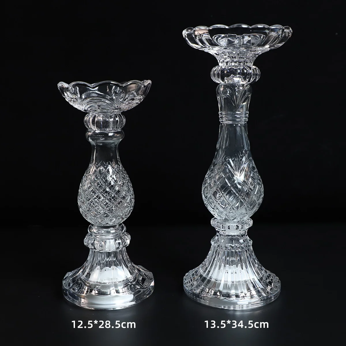 Vintage luxury home decoration tabletop tall long stem pillar clear gold ribbed glass taper candle stand stick holder set of 3 details