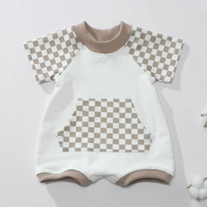 Hot sale Summer Clothing Checkered Baby Romper Checkerboard Printed Newborn Jumpsuit With Plaid Pocket