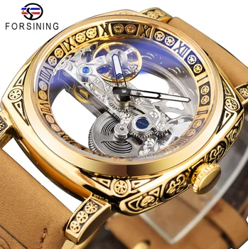 Forsining Automatic Self-Wind Men's Golden Watch Blue Glass Mechanical Wristwatch Transparent Case Luxury Man Watches