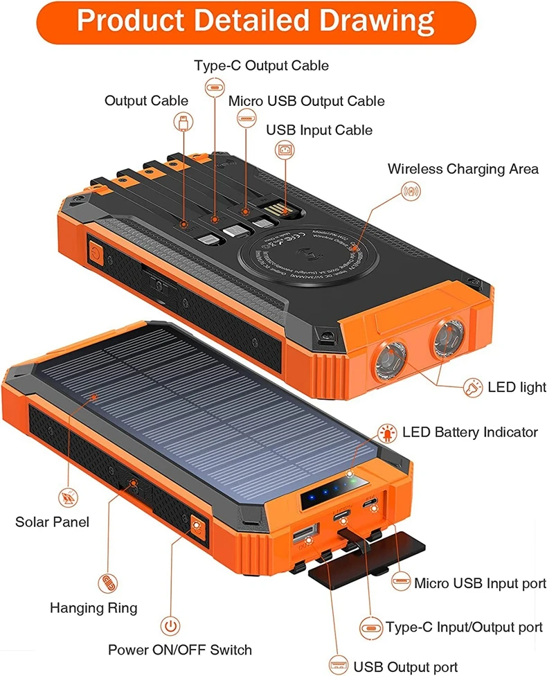 OEM Logo Portable Solar Fast Charger Dual USB External Backup Battery Waterproof Wireless Modem LED Light Logo High Capacity MAH