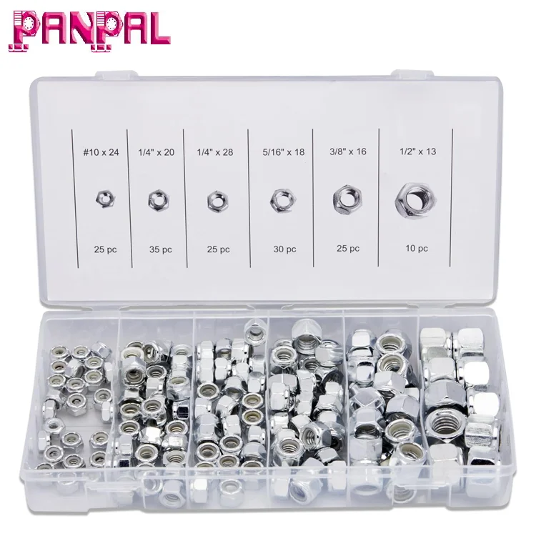 150 Pc Nylon Locking Nuts Steel Hex Assorted Hardware Kit #10 SAE Metal Screw Nut for Bolts Friction Lock Nut