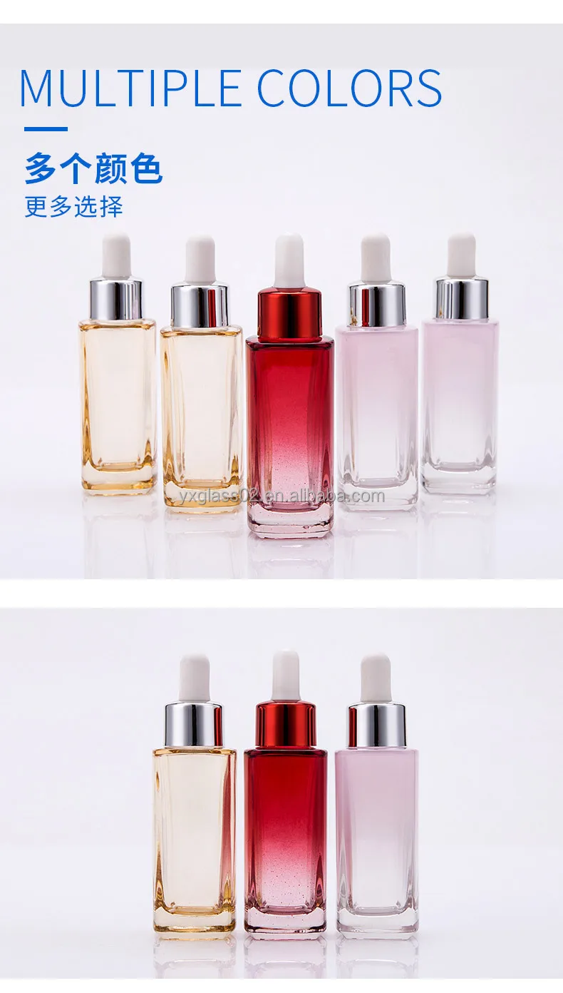 Square Essential oil glass dropper bottle skincare series serum glass bottle customization Dropper packaging container details