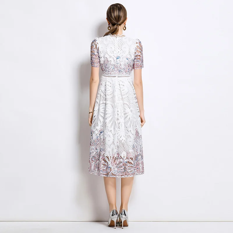 Droma in Stock 2025 Summer Elegant Hollow a Line Dresses Beautiful Lace Evening Fashion White Dress for Women