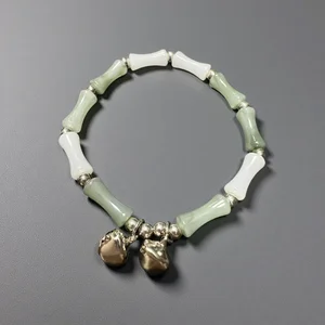 Elegant Bracelet with Silver Bell Charms Natural Green White Beads Traditional Chinese Style Jewelry for Women