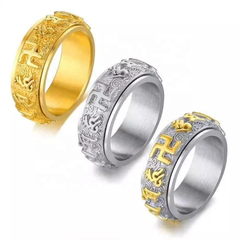 Budda Jewelry Blessed Ring Rotating Embossed Engraving 3D OM Mantra Spell Titanium Stainless Steel Lucky Cloud 18K Gold Rings
