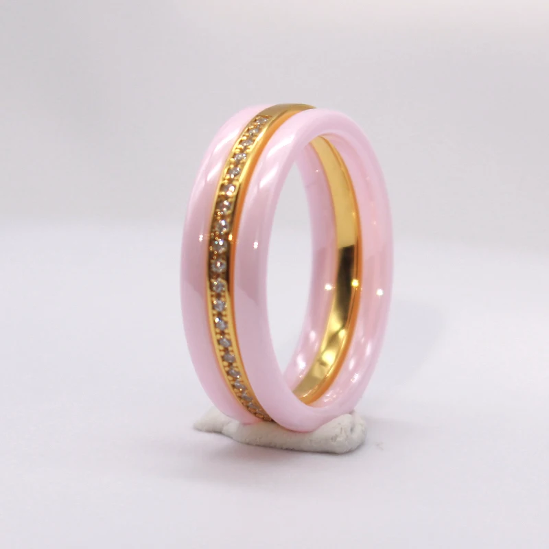 Polished Nano Ceramic Dome Ring with S925 Sterling Silver CZ Diamond Embedded White Gold Electroplated Jewelry Band