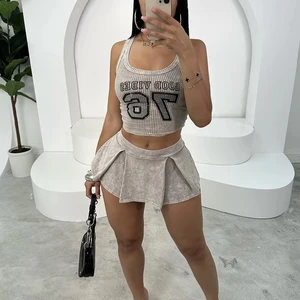 Summer Short Vest Top Pleated Skirt Suit Casual Pit Tight Hot Girl Design Skinny Plain Dyed Two Pieces Set