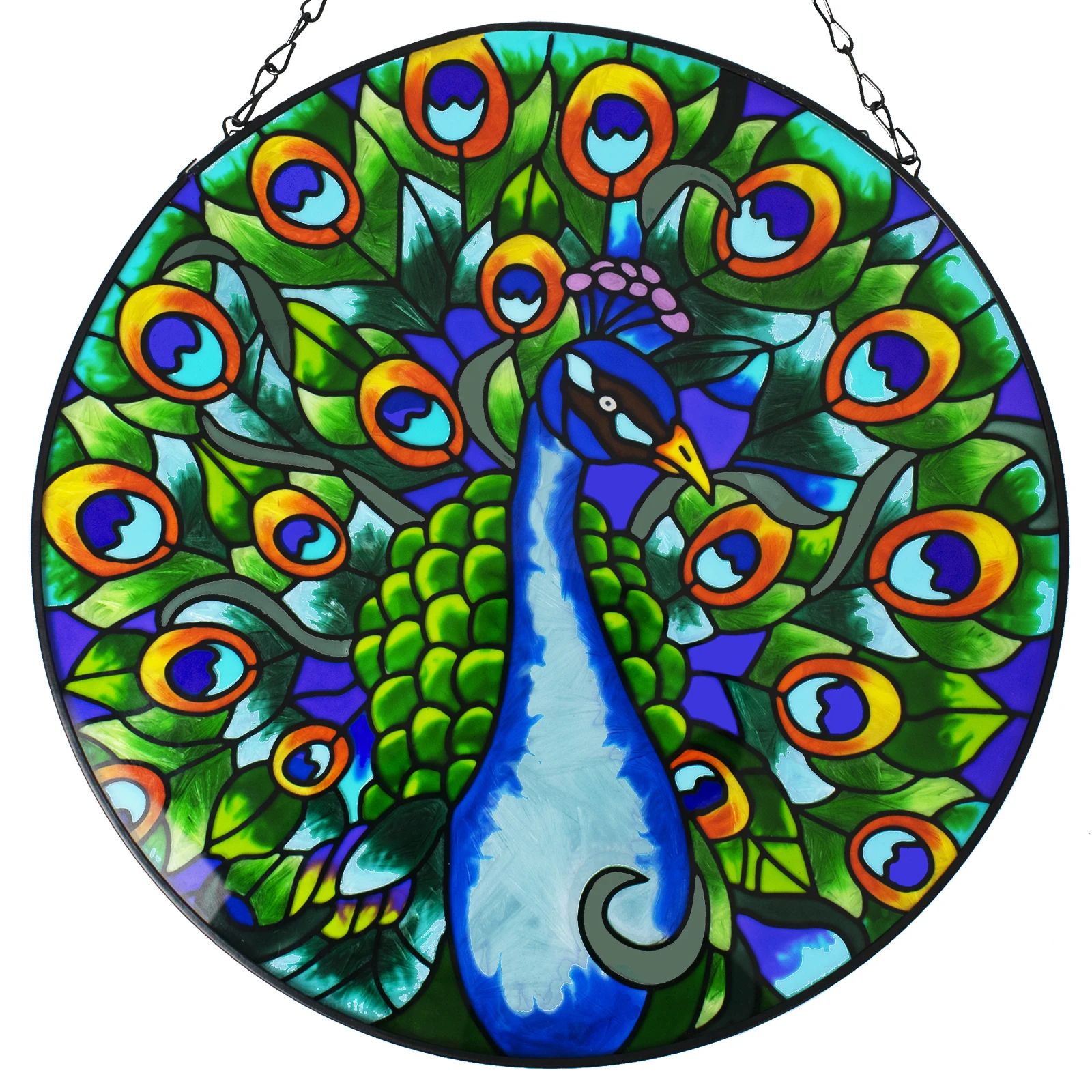 Stained Glass Window Hangings, 12" Round Shape Suncatcher Panels Windows Wall,Glass  Peacock