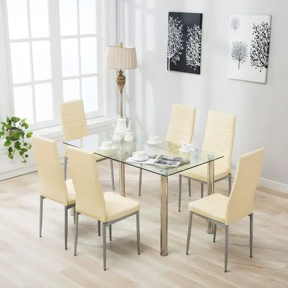 modern dining table with glass top and steel legs