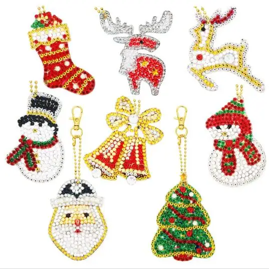 8 Pieces Christmas Diy Diamond Key Chain For Kid 5D Painting Pendant Handicraft