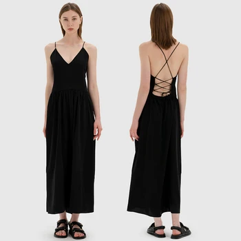 summer hot ladies straps v-neck sleeveless backless high quality black elegant sexy beach maxi casual dress for women