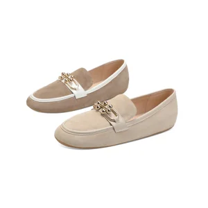 Women's Lightweight Suede Chain Loafers Comfortable Barefoot Flat Slip-On Casual Shoes Solid Contrast Trim for Spring Summer