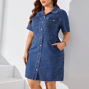 218813 Fashion Ladies Denim Dresses Women Slim Short Sleeve Turn-down Collar Cotton Jean Shirt Dress Women Plus Size Denim Dress