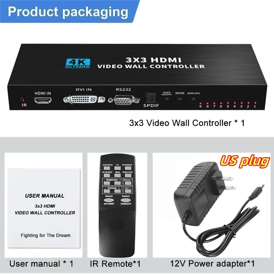 3x3 9 Screen 4K HDMI DVI TV Video Wall Controller - OEM