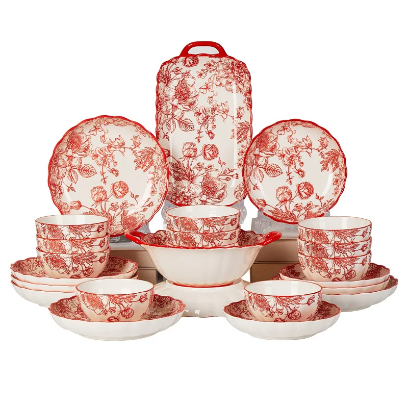 Wholesale Fashion Home Use Porcelain Rose Dinner Plate Bowl Dish Set Ceramic Bowl Dish for Gift New Home Tableware