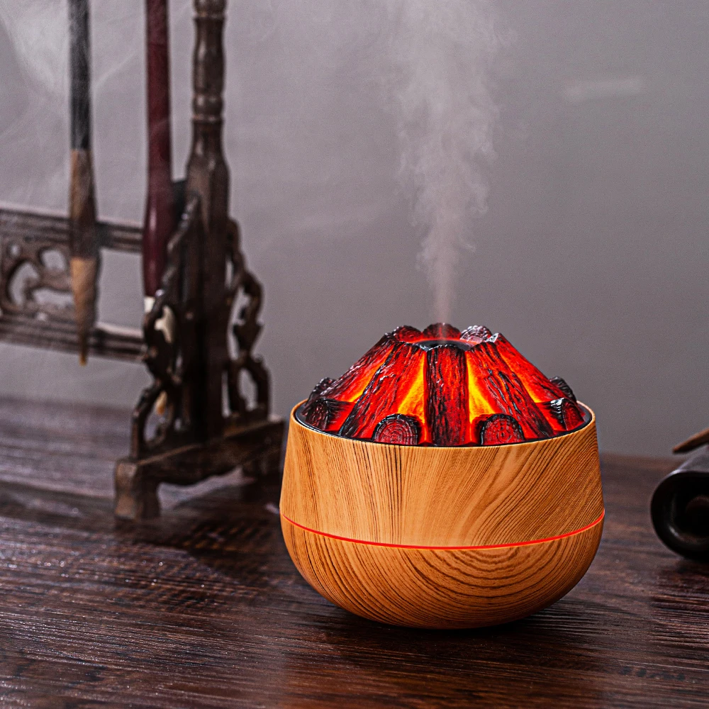 Volcano Mist Diffuser with Charcoal Fire LED Wood Grain 2-in-1 Ultrasonic Aroma Humidifier 300ml Cool Mist for Home Office Car