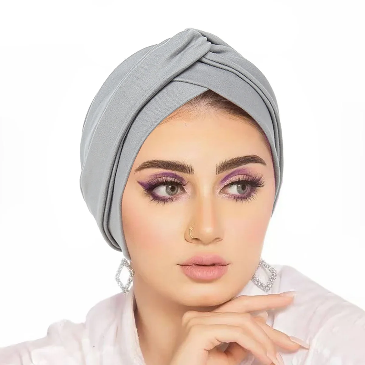 European American Pure Color Pullover Hat Cross Bottoming Baotou Turban Cotton Forehead Pleated Indian Hat for Muslims