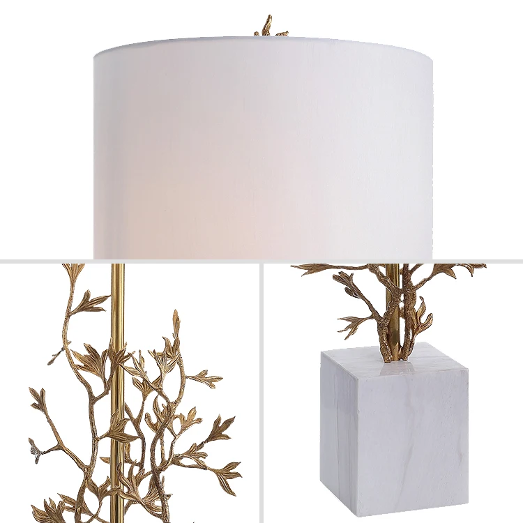 Designer Solid Brass Tree Branch Leaf White Marble Base Beige Drum Shade Restaurant Table Lamp