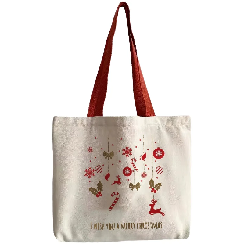 Christmas Canvas Tote Large Capacity Handbag Ribbon Rope Shoulder Strap Letter Print for Outdoor Picnic Party Travel Shopping supplier