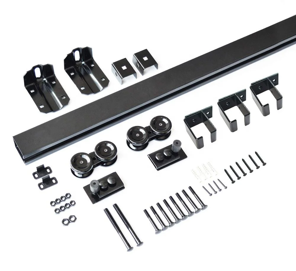 Heavy-Duty Ceiling Mount Barn Door Hardware Kit Black Box Track Sliding Rail Hanger Durable Steel Brass and Metal Materials