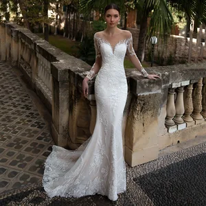 New Plus Size Lace Wedding Dress Long Sleeve Backless Mermaid V-neck Evening Dress
