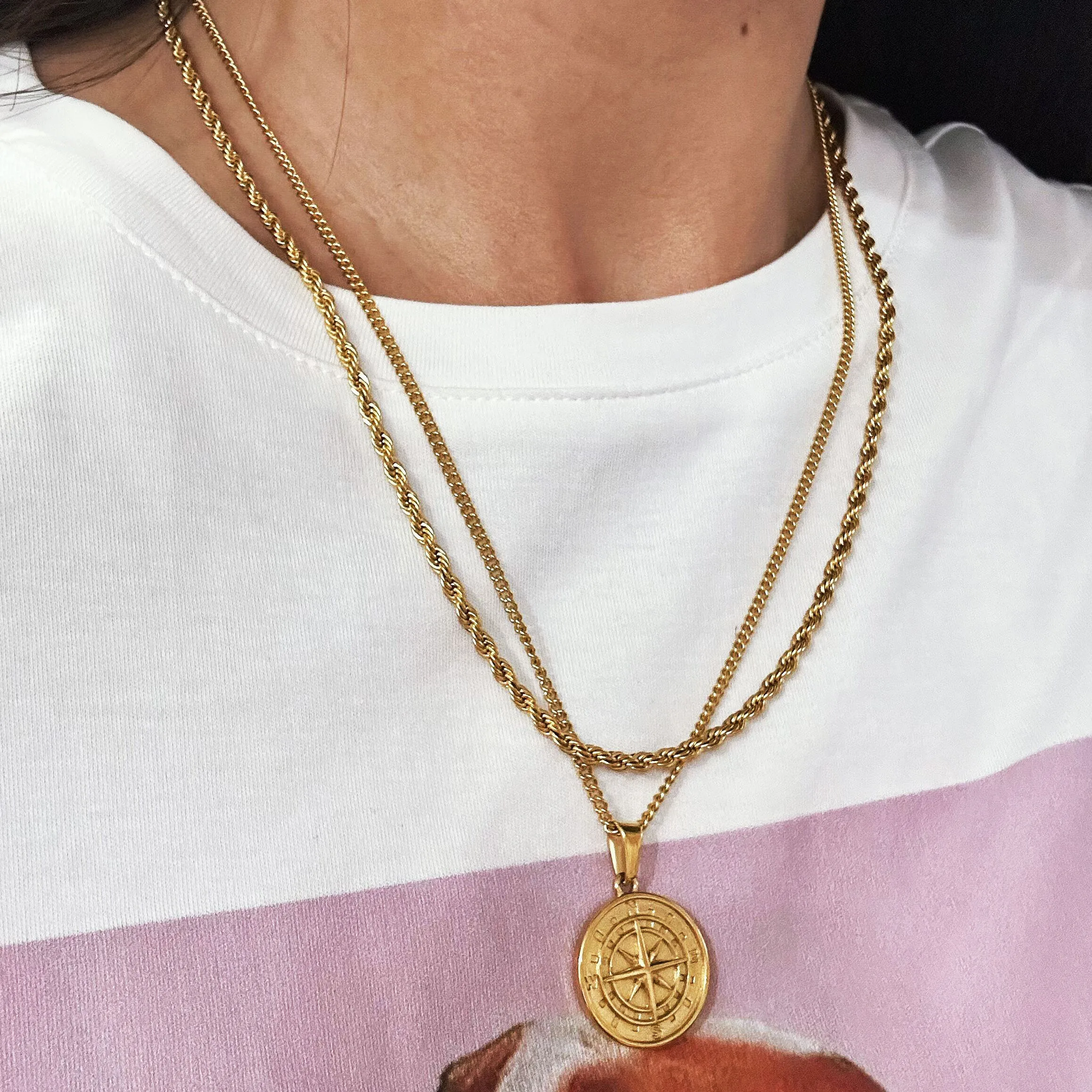 OEM ODM Factory Custom Layered Necklace Set Stainless Steel 18k Gold Plated Mens Matte Brushed Coin Compass Pendant Necklace