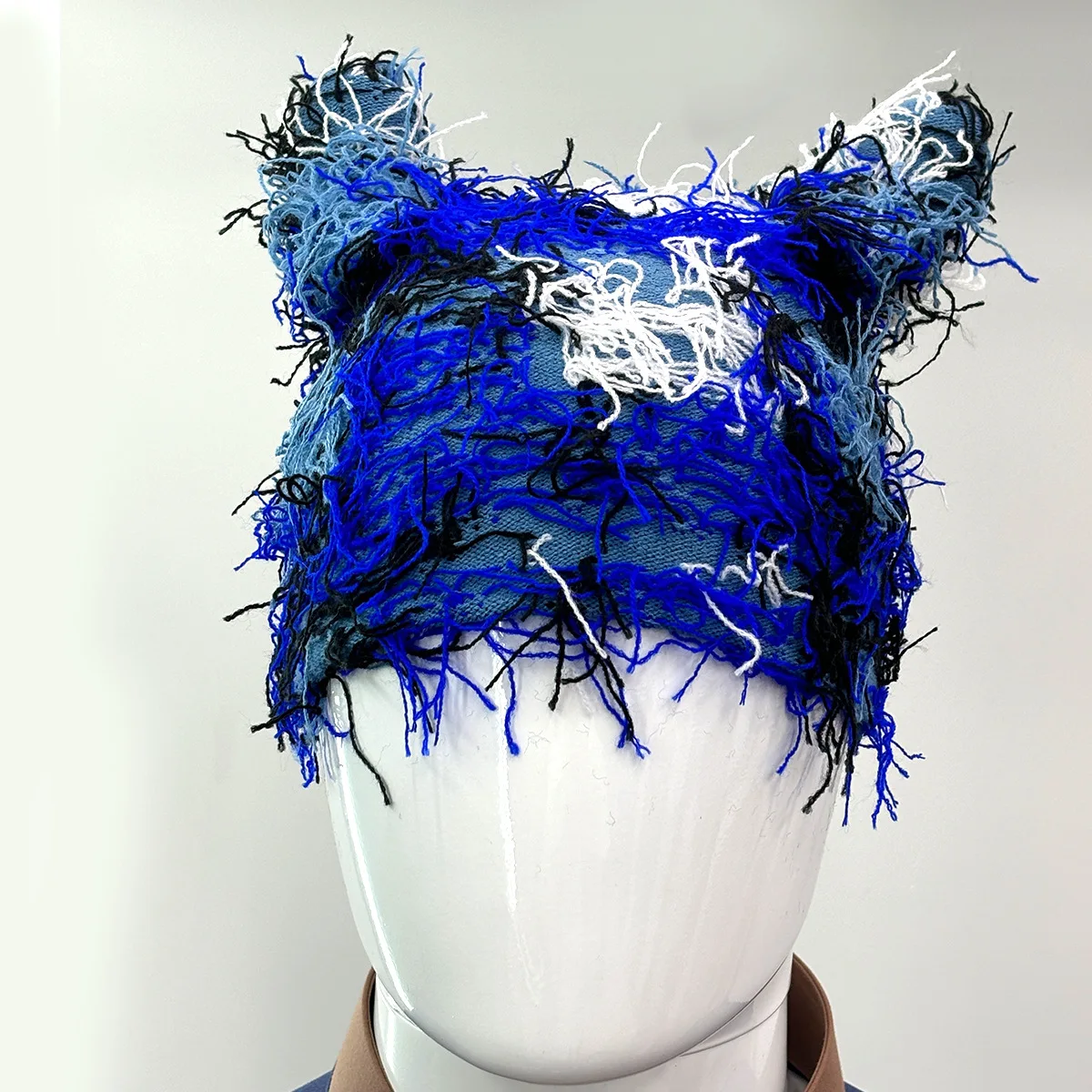 New Arrival Designer Custom logo Cat Ear Mask Ski Balaclava Jacquard Embroidery Distressed Winter Knitted Furry Y2K Beanie Hat