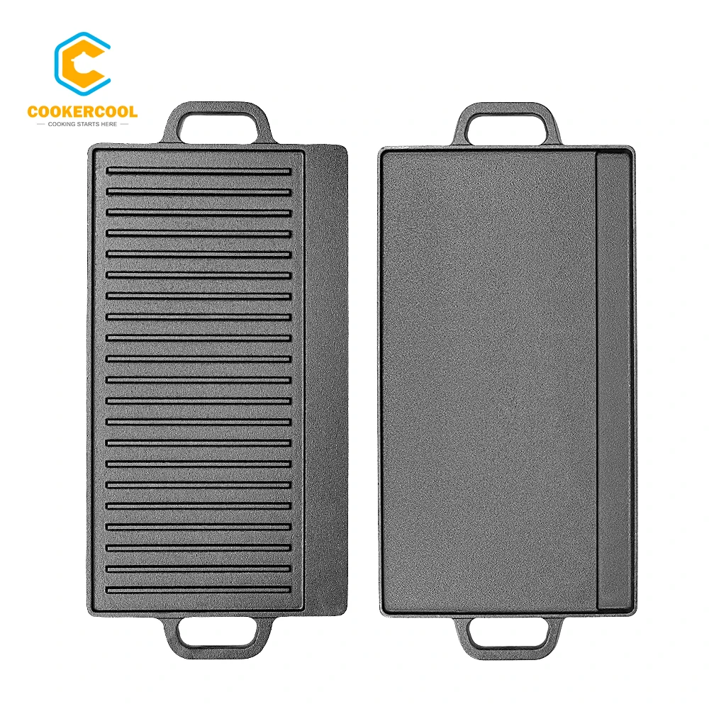Cookercool Factory Stock Outdoor Cast Iron Pre Seasoned Non Stick Double Side Grill Griddle Pan