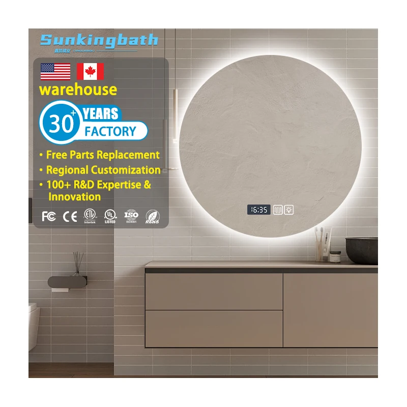 Modern Bath Vanity Mirrors Time Display Backlight Round Led Makeup Smart Mirror Led Bathroom Mirror with Led Light for Hotel